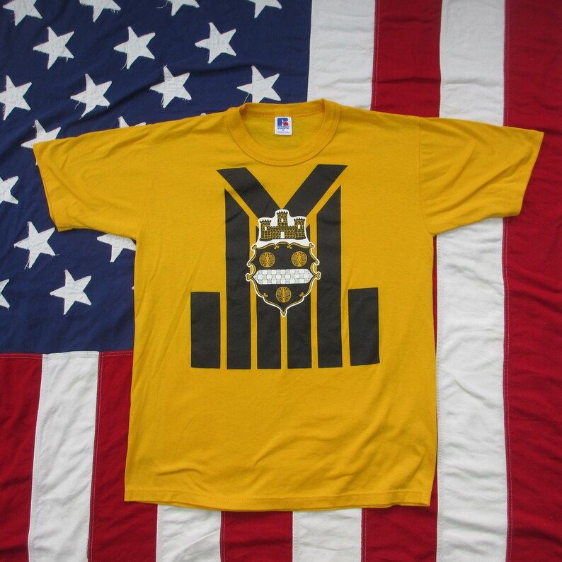 Vintage 1980S Pittsburgh Pa Seal Symbol Graphic T Shirt Small Medium Russell Soft Thin Black Gold Coat Of Arms Castle Eagle Ringer Collar