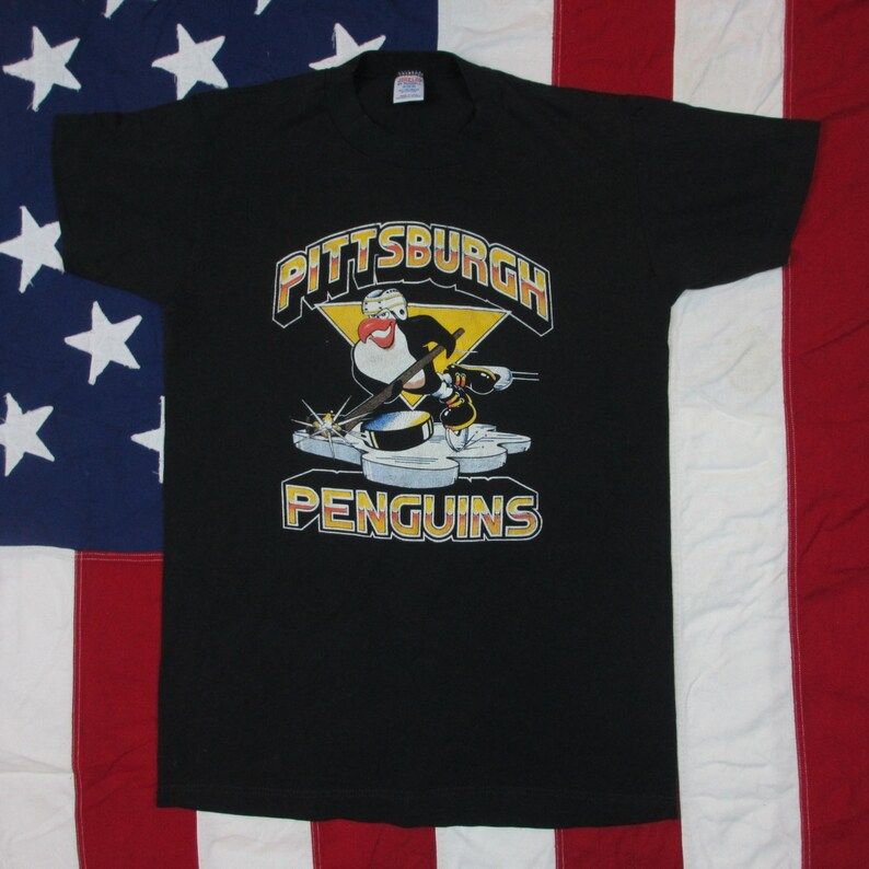 Vintage 1980S Pittsburgh Penguins Graphic T Shirt Small Medium Jerzees Russell Nhl Hockey Prince Of Wales Stanley Cup Made In Usa Soft Thin