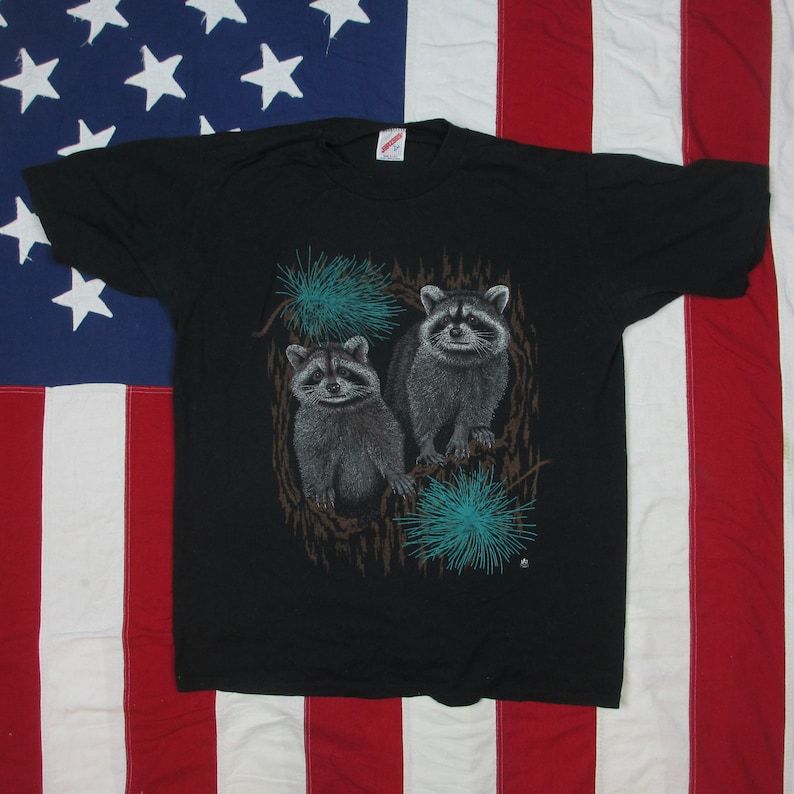 Vintage 1980S Raccoons In Nature Graphic T Shirt Medium Large Soft Thin Well Worn Jerzees Made In Usa Single Stitch Trashed Truck Stop