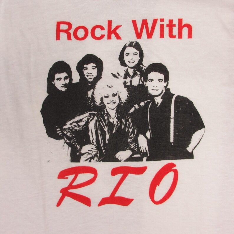 Vintage 1980S Rock With Rio Obscure Band Concert T Shirt Medium Large Sneakers Soft Paper Thin Cotton Poly Tour White Red Photo Graphic