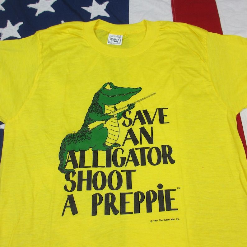 Vintage 1980S Save And Alligator Shoot A Preppie Graphic T Shirt Xs Small Yellow Joke Humor Soft Thin Cartoon Croc Screen Stars Gun Rifle