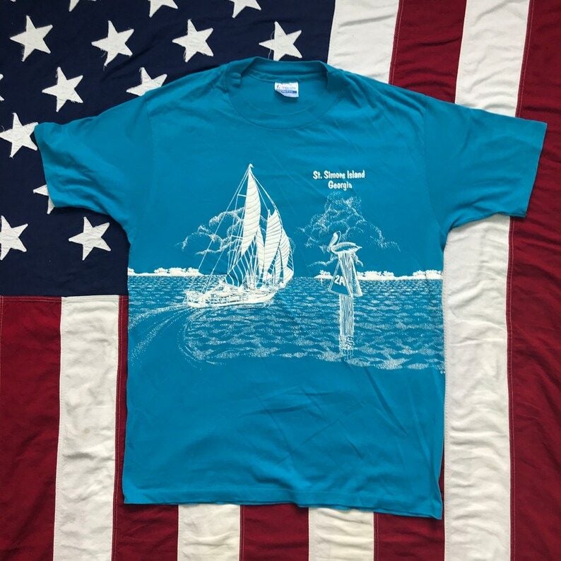 Vintage 1980S St Simons Island Georgia Sailboat Souvenir Graphic T Shirt Large Teal Hanes Fifty Fifty Soft Thin Large Print Beach Sea
