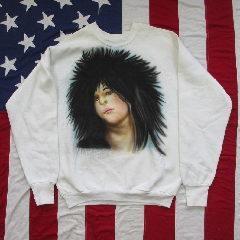 Vintage 1980S Strange Woman W Big Hair Airbrushed Graphic Raglan Sweatshirt Large Fruit Of The Loom Crewneck Hair Spray Mystery Weird