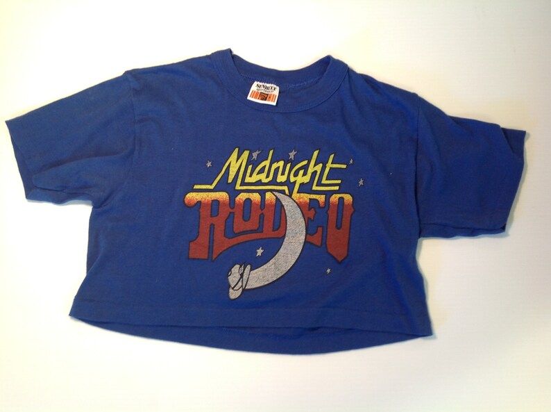 Vintage 1980S Sun Belt Blue Small Short Sleeve Midnight Rodeo Crop Top