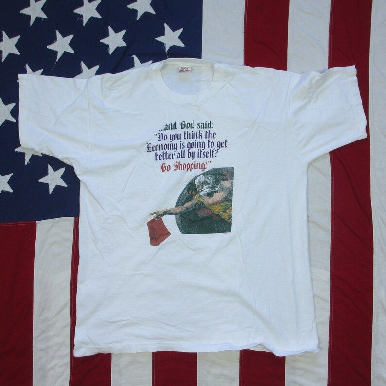 Vintage 1980S The Creation Of Adam Go Shopping Parody T Shirt Xl White Fine Art Fruit Of The Loom God Christianity Graphic Economics