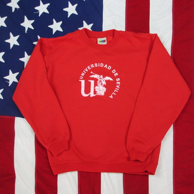 Vintage 1980S Universidad De Sevilla Crewneck Sweatshirt Small Medium Spain Andalucia Joylu Red 50 50 Cotton Poly