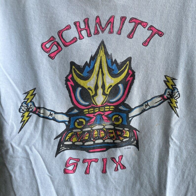 Vintage 1986 Vision Brand Streetwear Schmitt Stix Skater T Shirt Light Blue Gray Small