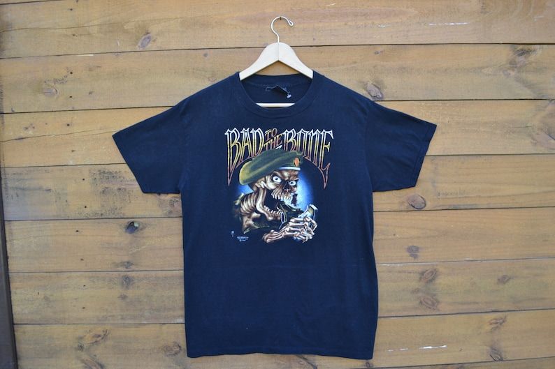 Vintage 1987 Bad To The Bone T Shirt Size X Large Skeleton Army Design Classic Rock Star Grunge Vibe Rare