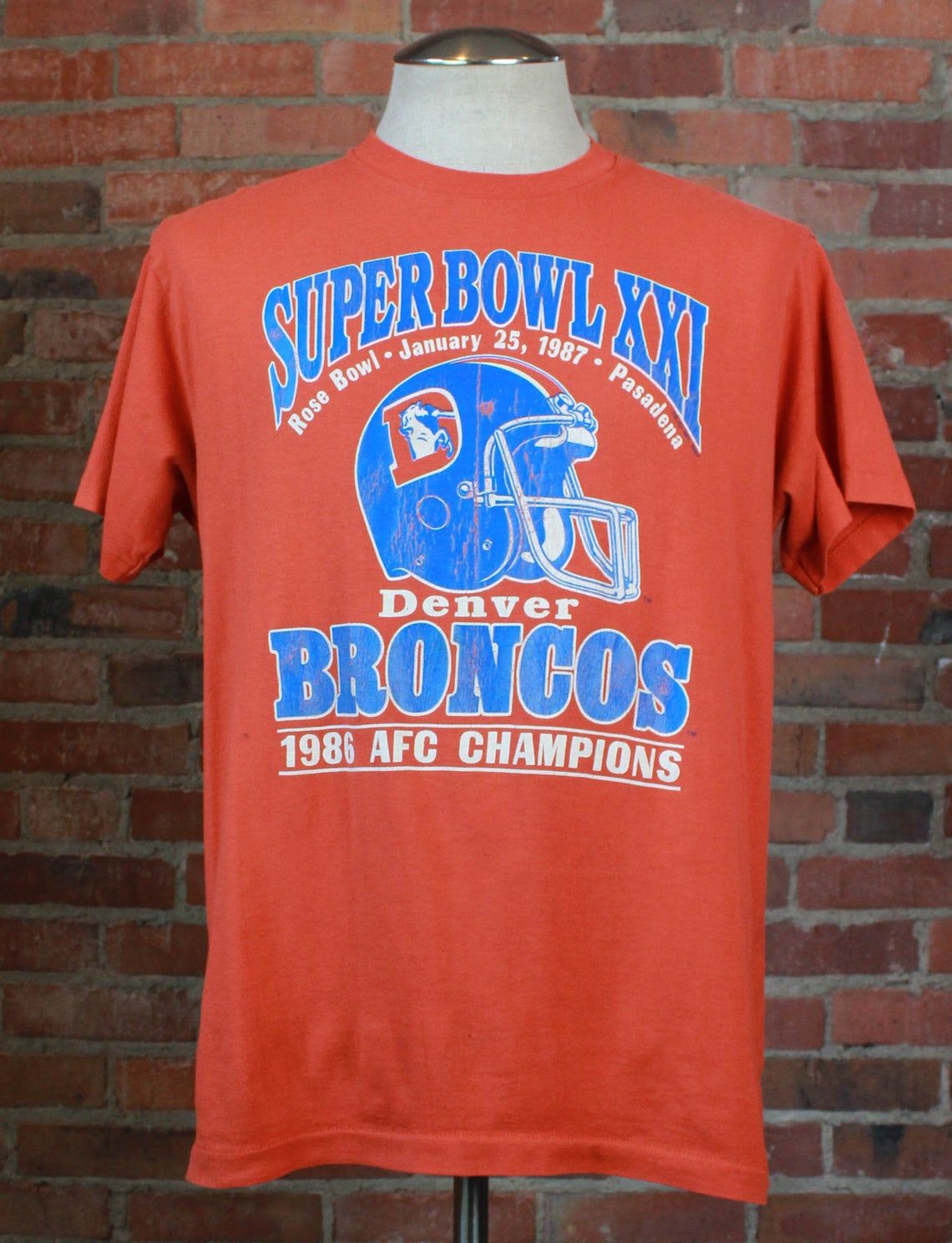 Vintage 1987 Denver Broncos Super Bowl XXI Graphic Rose Bowl Pasadena Shirt
