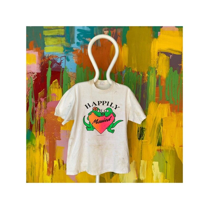 Vintage 1990 Happily Mauied Stained Shirt T Shirt
