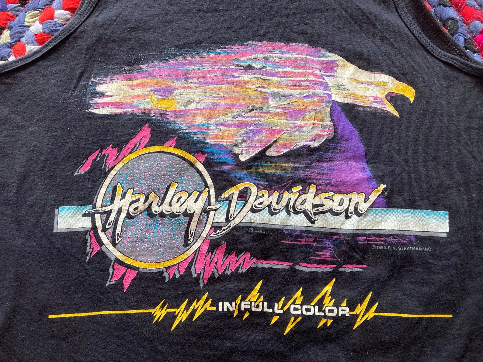 Vintage 1990 Harley Davidson In Full Color Tank Top Shirt - Sz L - Biker Eagle 90S 3D Motorcycle Grunge