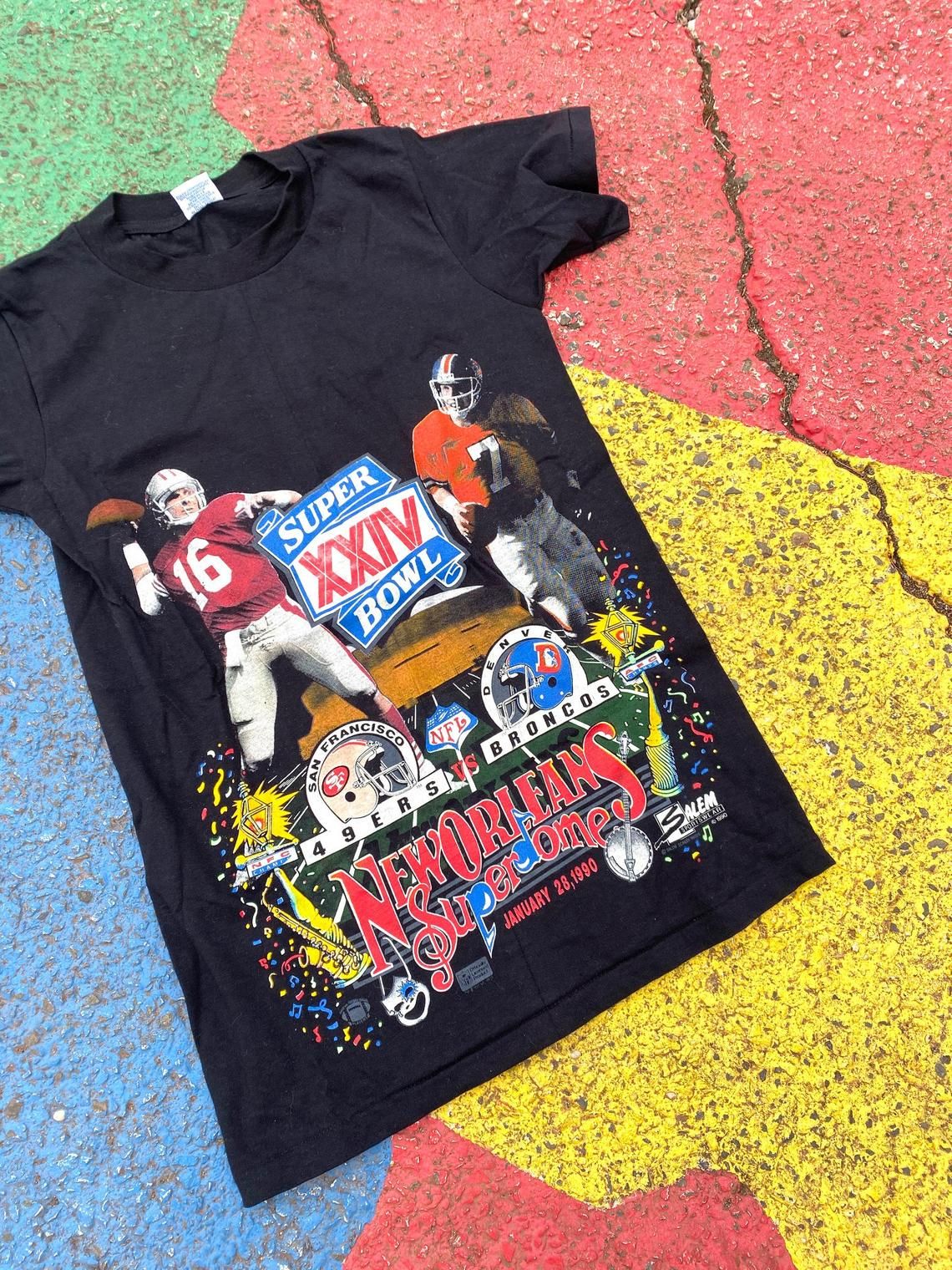 Vintage 1990 NFL Super Bowl XXIV 24 New Orleans Salem Graphic Shirt USA San Francisco 49ers Denver Broncos Shirt