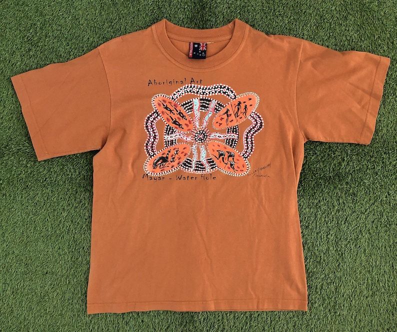 Vintage 1990S Ab Artwork Mayan The Water Hole Unisex Small Orange Souvenir T Shirt Retro Ab Art Streetwear Summer Tee