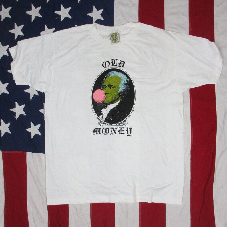 Vintage 1990S Alexander Hamilton Old Money Graphic T Shirt Xl Beverly Hills Currency Dollar Bill Bubble Gum Psychadelic White