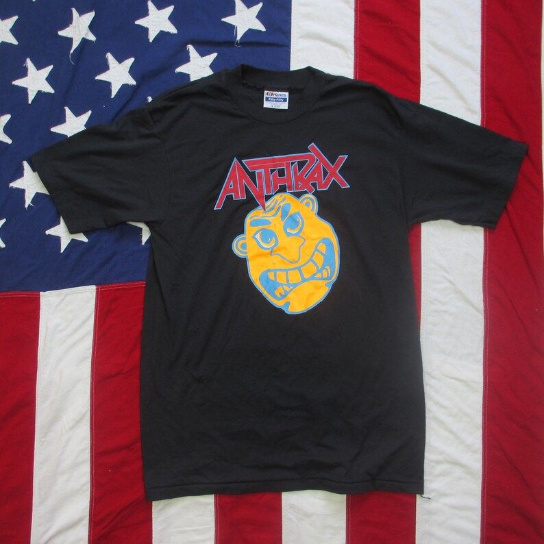 Vintage 1990S Anthrax Graphic T Shirt Small Medium Thrash Metal Soft Thin Black Concert Band Tour Rock Hanes Fifty Fifty