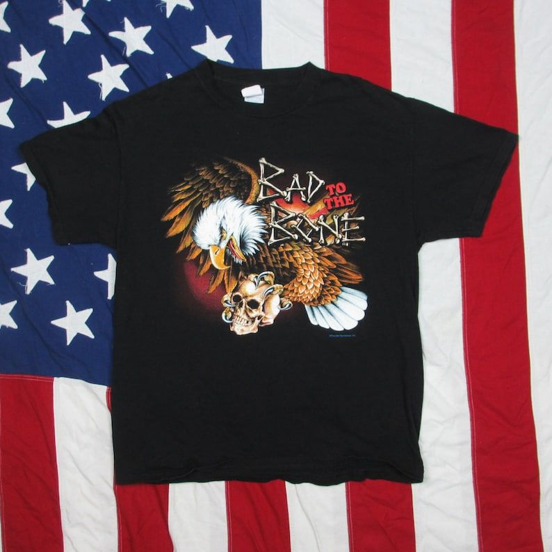 Vintage 1990S Bad To The Bone Bald Eagle Skull Graphic T Shirt Medium Large Black Thunder Sportswear Inc Truck Stop