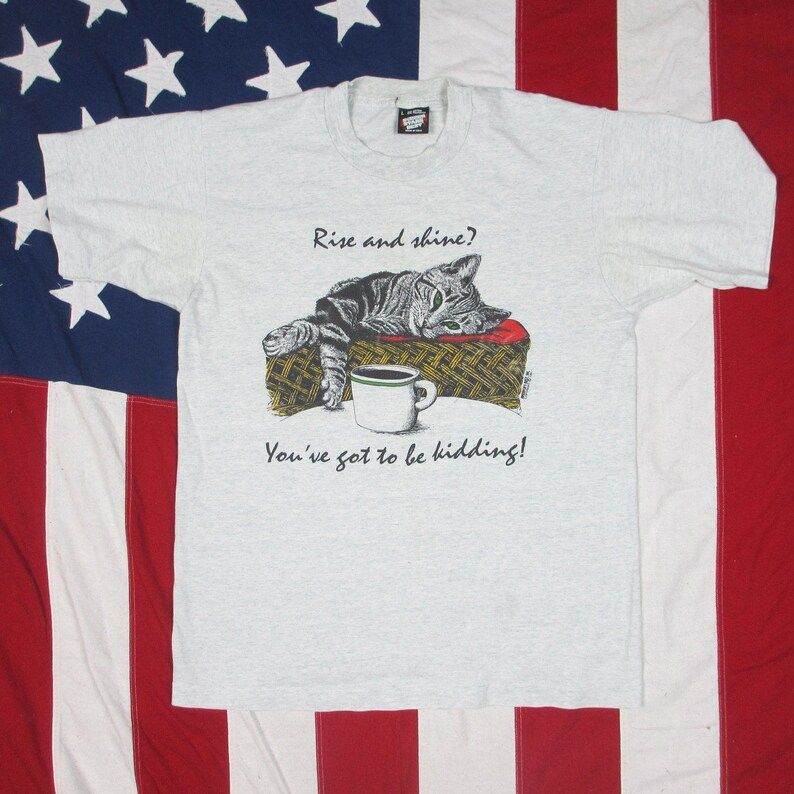 Vintage 1990S Cat Rise And Shine Graphic T Shirt Medium Large Soft Thin Screen Stars Best 50 50 Heather Gray Kitten Coffee Humor Joke
