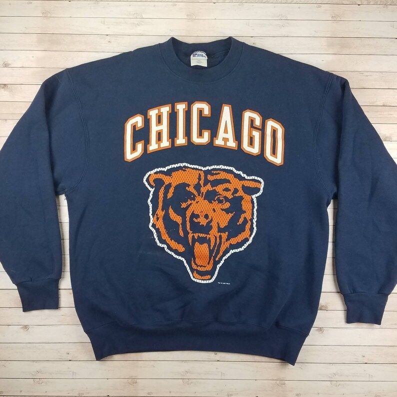 Vintage 1990S Chicago Bears Spellout Large Logo Nfl Football Pro Player Navy Blue Crewneck Sweatshirt Xxl 1997