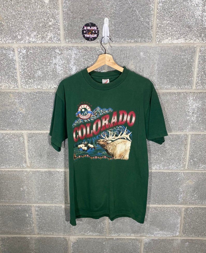 Vintage 1990S Colorado Rocky Mountains Green Animal Graphic Shirt