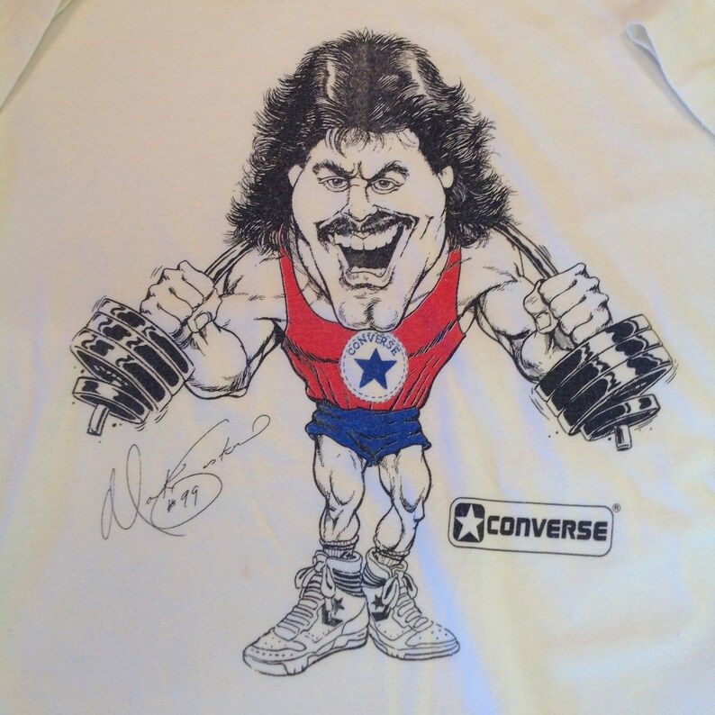 Vintage 1990's Converse New York Jets 99 Mark Gastineau Barbell Bending Caricature Shirt