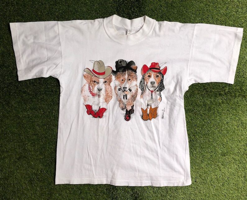 Vintage 1990S Cowboy Dogs Made In Australia Unisex Small Graphic T Shirt Retro Summer Festival Streetwear Puppy Dog Party Tee