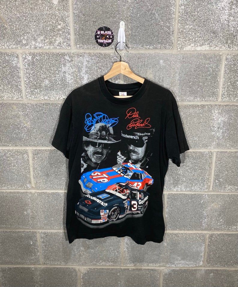 Vintage 1990S Dale Earnhardt And Richard Petty 7 Time Champions All Over Print Graphic Nascar Racing Shirt