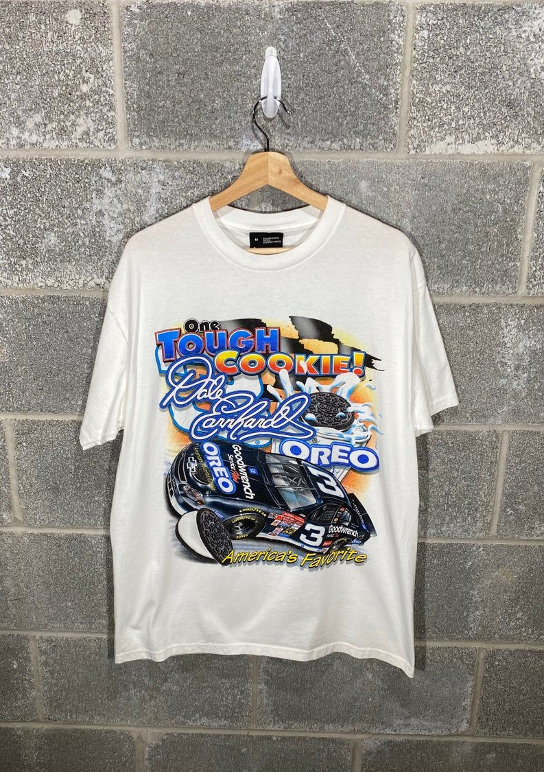 Vintage 1990S Dale Earnhardt One Tough Cookie White Nascar Racing Graphic Shirt