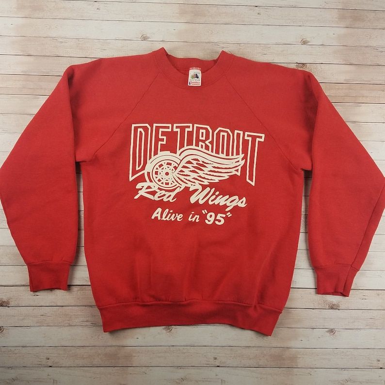 Vintage 1990S Detroit Red Wings Alive In 95 Nhl Hockey Fruit Of The Loom Red Crewneck Sweatshirt Arge Fits Like Small