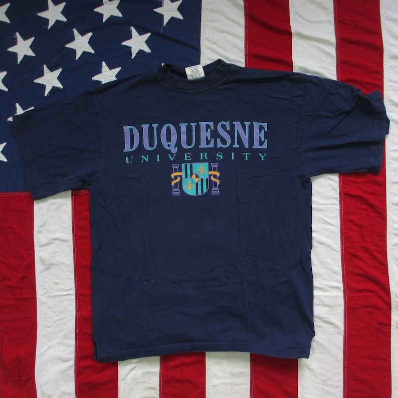 Vintage 1990S Duquesne University Logo T Shirt Large Dukes Gear Navy Blue Purple Catholic Pittsburgh Pennsylvania Spiritan Fathers