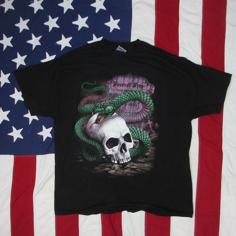 Vintage 1990S Forever Free Skull And Snake Graphic T Shirt Xxl Biker Motorcycle American Thunder Sportswear Tennessee River Gravestone