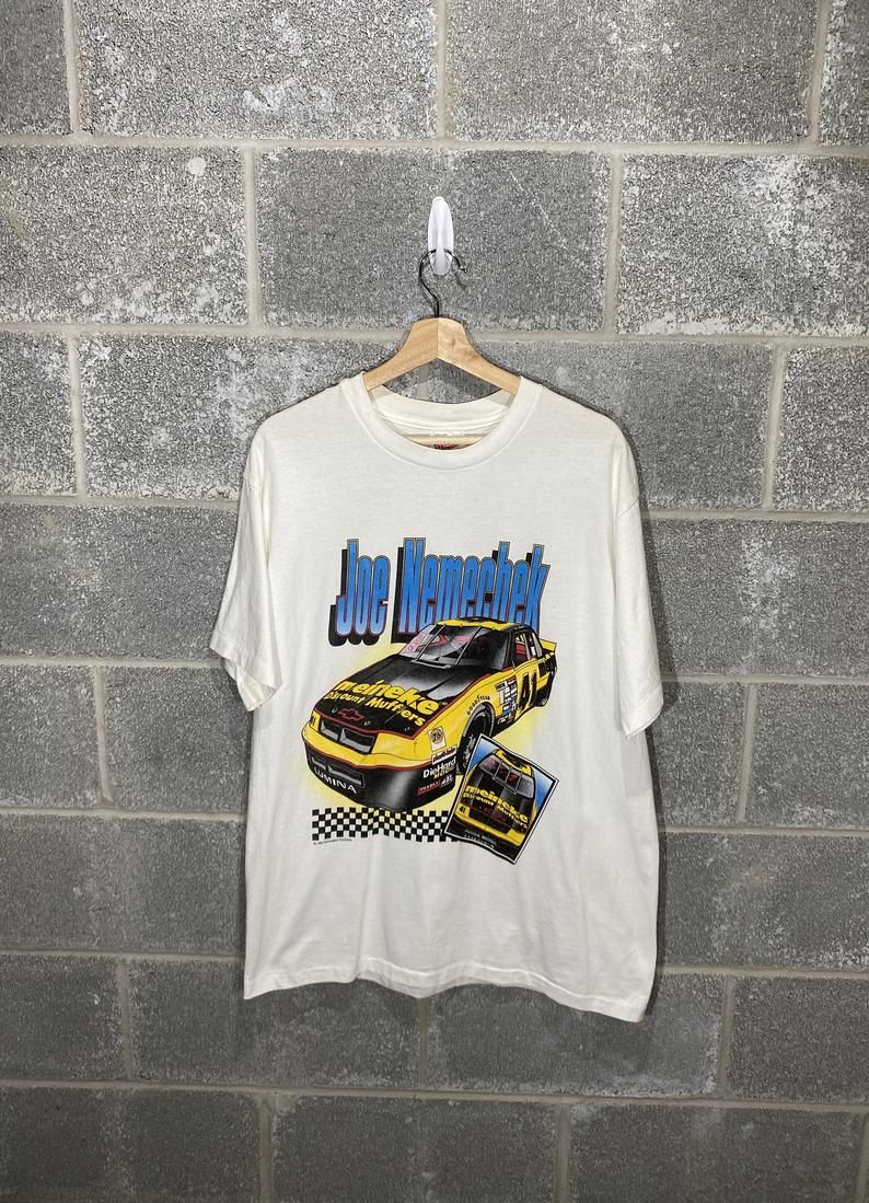 Vintage 1990S Front Row Joe Nemechek Nascar Racing White Graphic Shirt