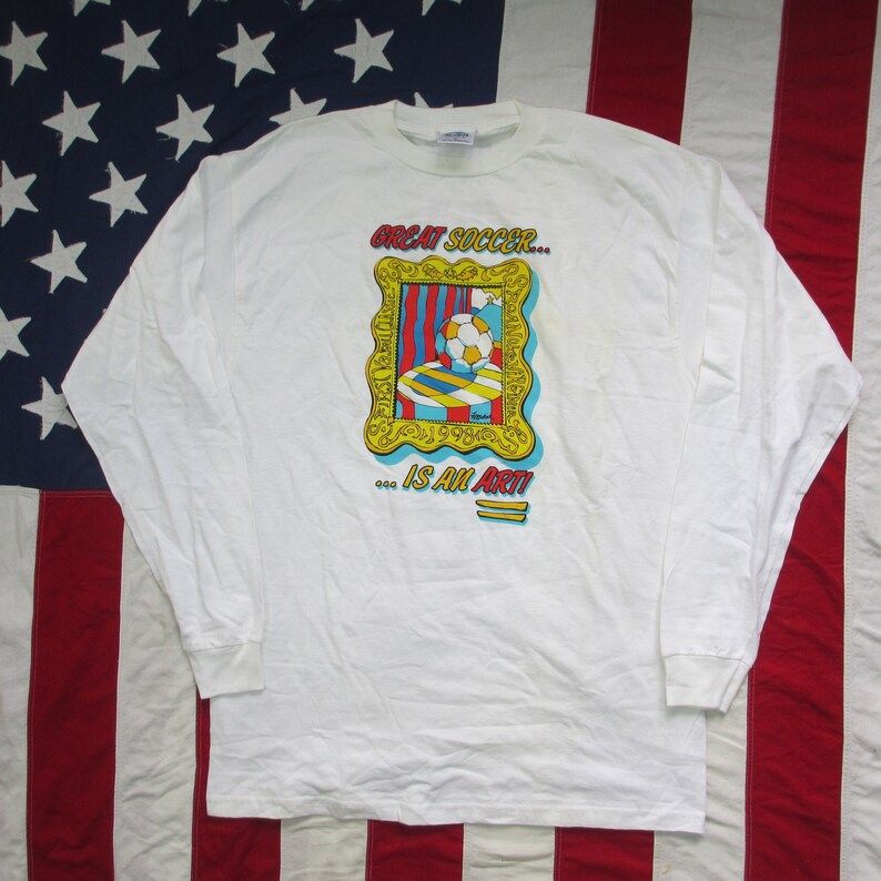 Vintage 1990S Great Soccer Is An Art Graphic Long Sleeve T Shirt Xl First Virginia Bank Frame Football Fifa Global Worn Ball