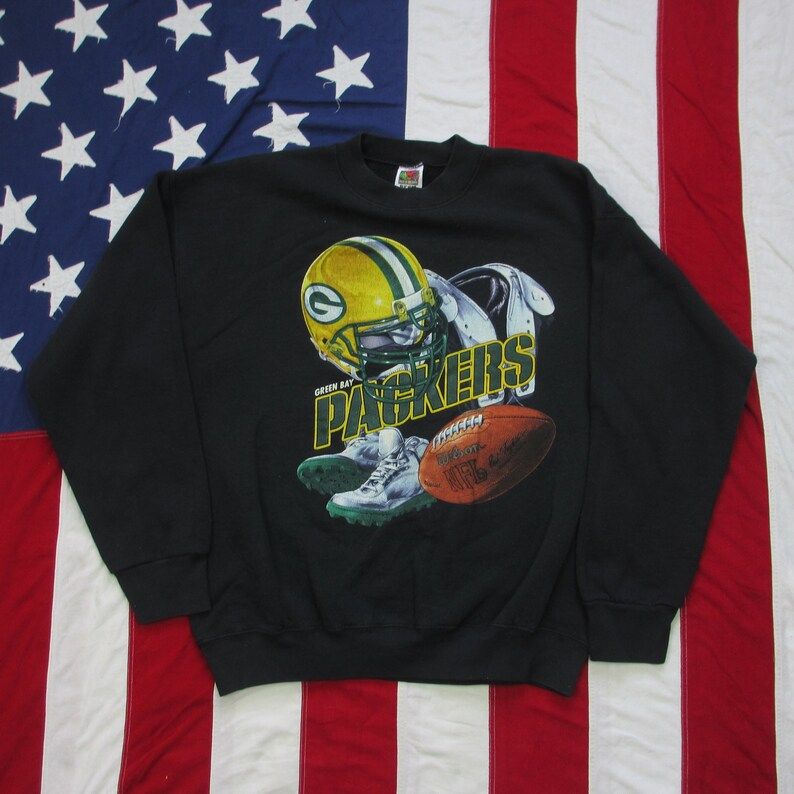 Vintage 1990S Green Bay Packers Crewneck Sweatshirt Large Nfl Football Superbowl Yellow Green Black Wisconsin Champions Helmet Long Sleeve
