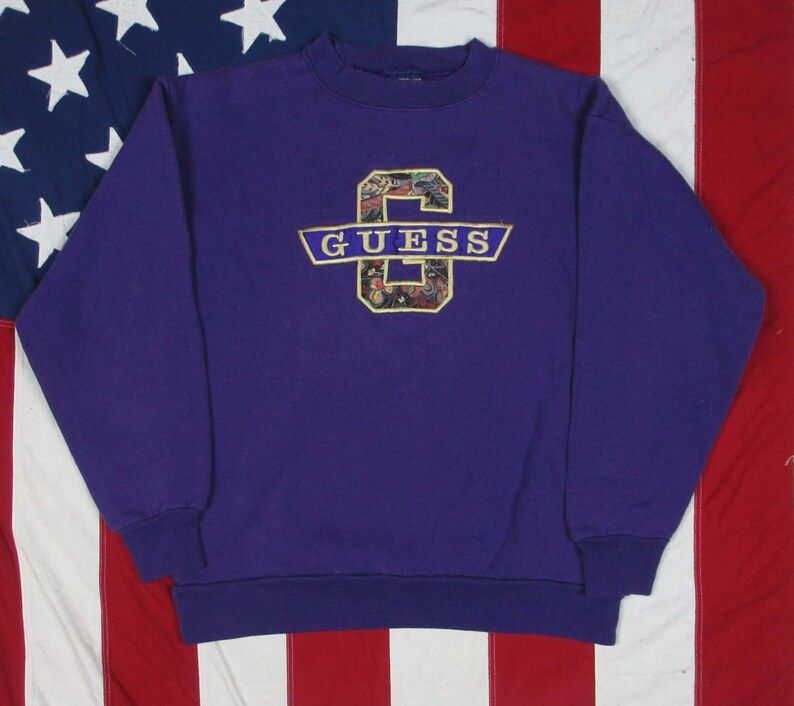 Vintage 1990S Guess Bootleg Crewneck Sweatshirt Medium Large Georges Marciano Embroidered Floral Purple Fake Savvy Trau Loevner