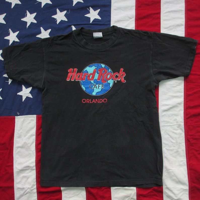 Vintage 1990S Hard Rock Cafe Orlando Logo T Shirt Xl Black Tourist Florida Souvenir Red Blue Green Globe Resort