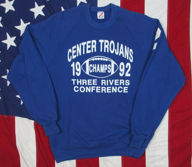 Vintage 1990S Highschool Football Champs Center Pennsylvania Trojans Raglan Sweatshirt Large Xl Jerzees 1992 Three Rivers Pittsburgh Blue