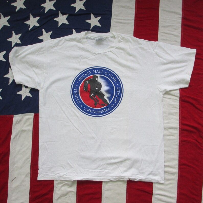 Vintage 1990S Hockey Hall Of Fame Logo T Shirt Xl Hanes Toronto Ontario Canada Nhl Ice Stanley Cup White Red Blue French Au Francais