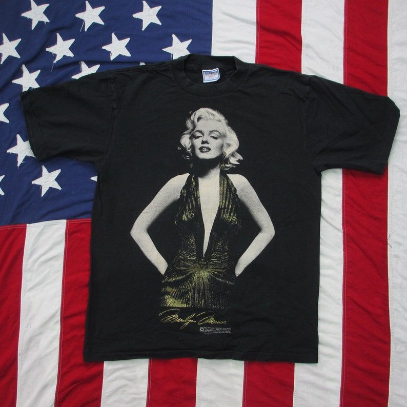 Vintage 1990S Marilyn Monroe Gold Foil Signature Graphic T Shirt Large Estate All Sport Black Movie Icon Actress Model Proweight