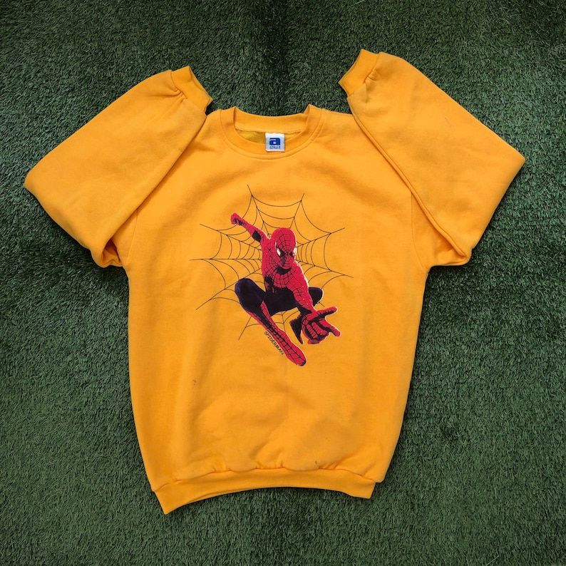 Vintage 1990S Marvel Spiderman Unisex Small Yellow Comic Book Superhero Graphic Sweatshirt Retro Spiderman Pullover Streetwear Cool Jumper