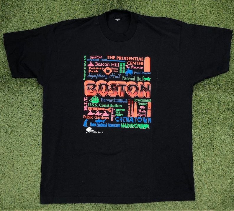 Vintage 1990S Neon Boston Usa Landmarks Print Unisex Large Souvenir T Shirt Retro Hipster Streetwear Boston 50 50 Blend Screen Stars Tee