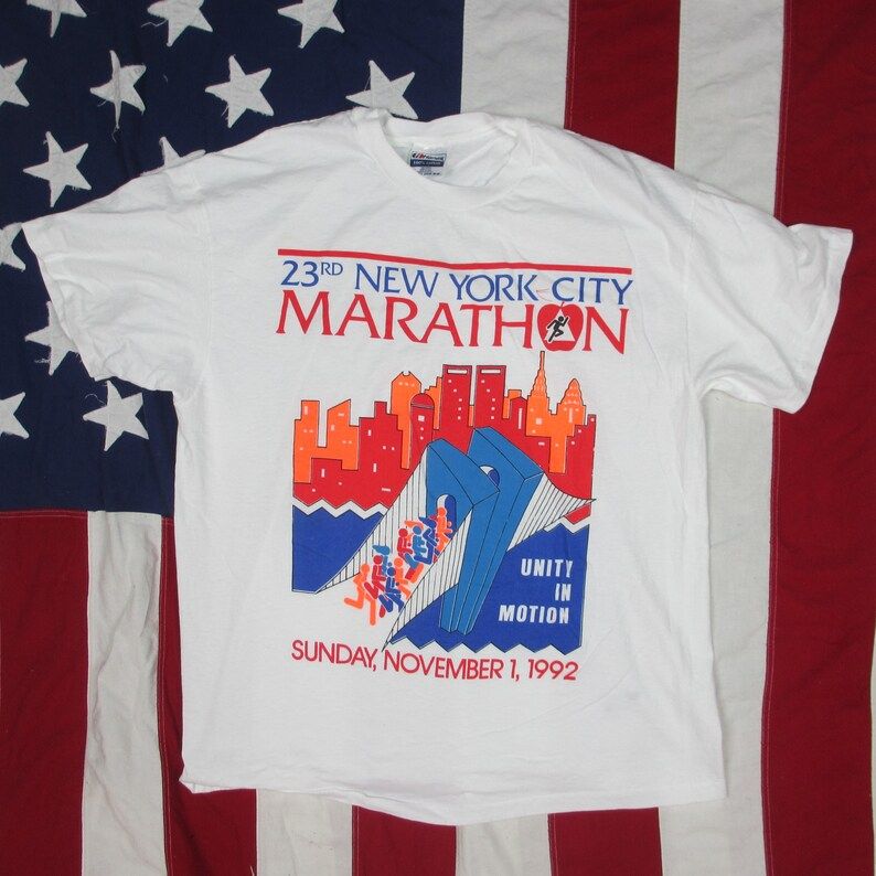 Vintage 1990S New York City Marathon Unity In Motion Graphic T Shirt Large Xl Hanes White Cotton Brooklyn Bridge Cartoon