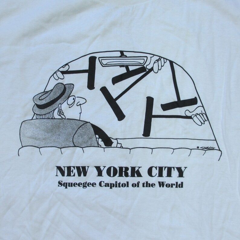 Vintage 1990S New York City Squeegee Capitol Of The World Cartoon T Shirt Large All Sport White Manhattan Homeless Bum Hobo Joke Humor
