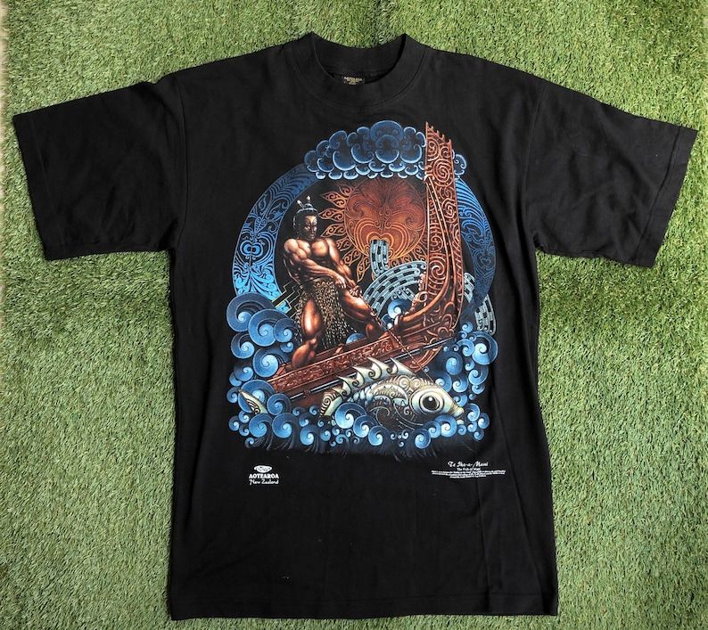 Vintage 1990S New Zealand Graphic The Fish Of Maui Oversized Unisex Large Souvenir T Shirt Retro Streetwear New Zealand Te Ika A Maui Tee