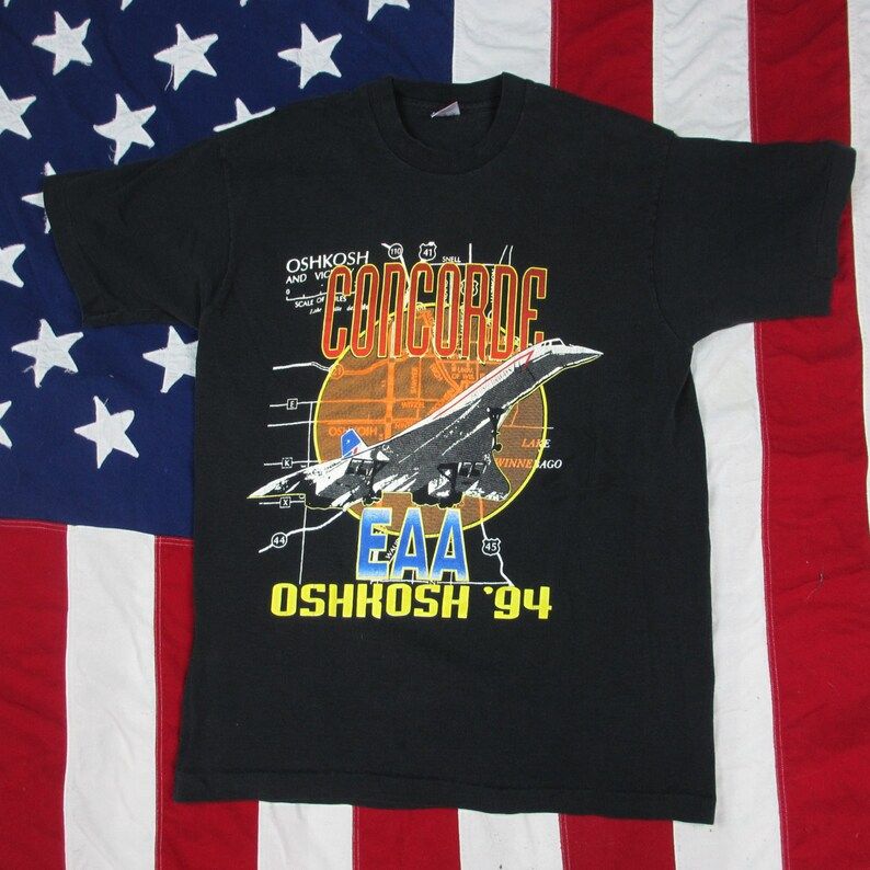 Vintage 1990S Oshkosh Wisconsin Eaa Concorde Jet Airplane 94 Graphic T Shirt Medium Large Fruit Of The Loom Cotton Aircraft Bac Plane