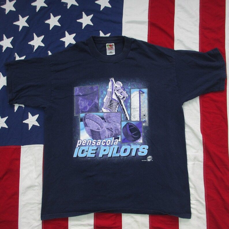 Vintage 1990S Pensacola Ice Pilots Hockey Team Graphic T Shirt Xl Echl Navy Blue Defunct Florida New York Islanders Farm Team Pan Handle