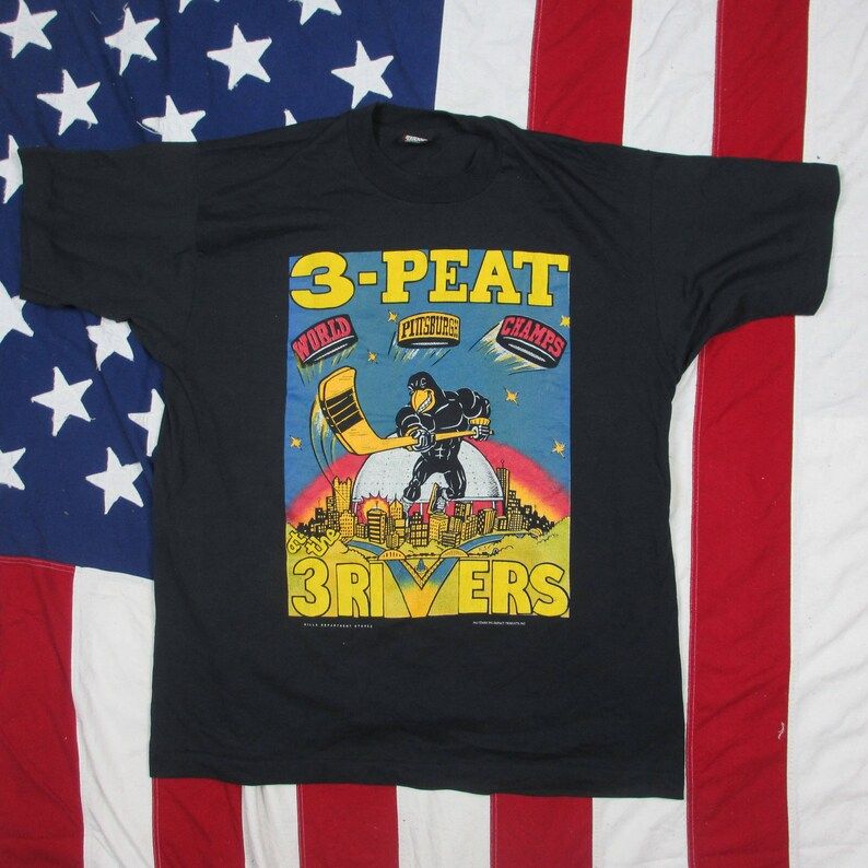 Vintage 1990S Pittsburgh Penguins Bootleg Error 3 Peat Stanley Cup Graphic T Shirt Large Xl Screen Stars Best Soft Thin Hockey Nhl Champs