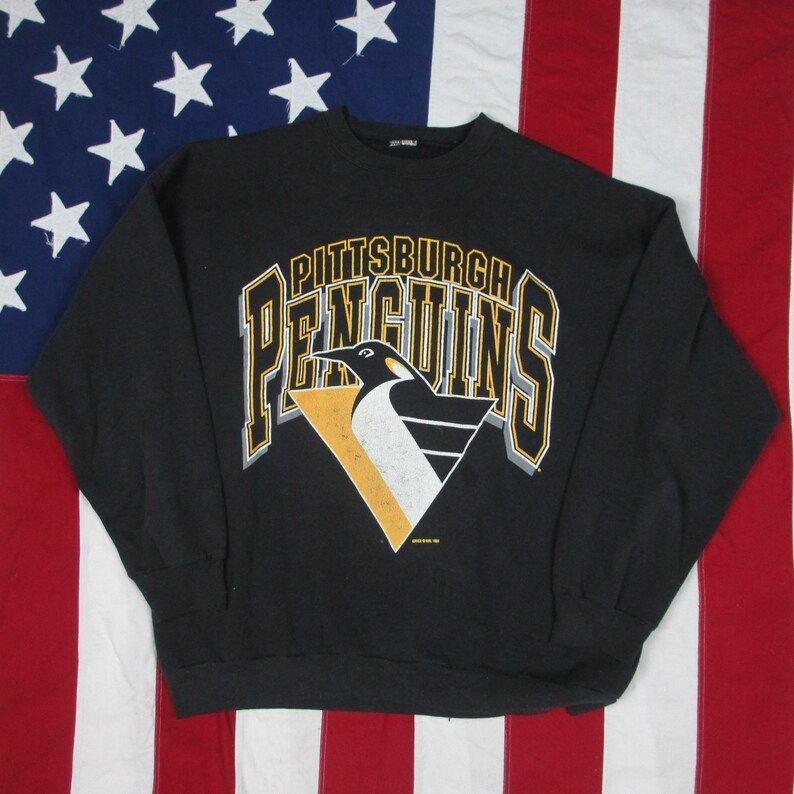 Vintage 1990S Pittsburgh Penguins Crewneck Sweatshirt Xl Black Gold Nhl Hockey Nutmeg Mills Prince Of Wales Conference Stanley Cup