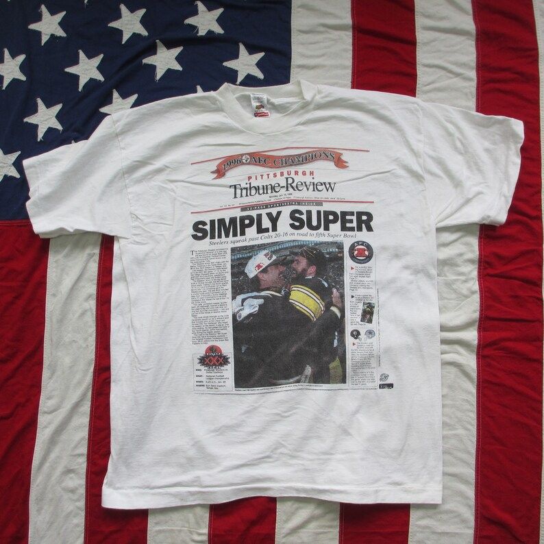 Vintage 1990S Pittsburgh Steelers Afc Champions Newspaper Graphic T Shirt Xl Bill Cowherd Fruit Of The Loom Football Nfl Super Bowl