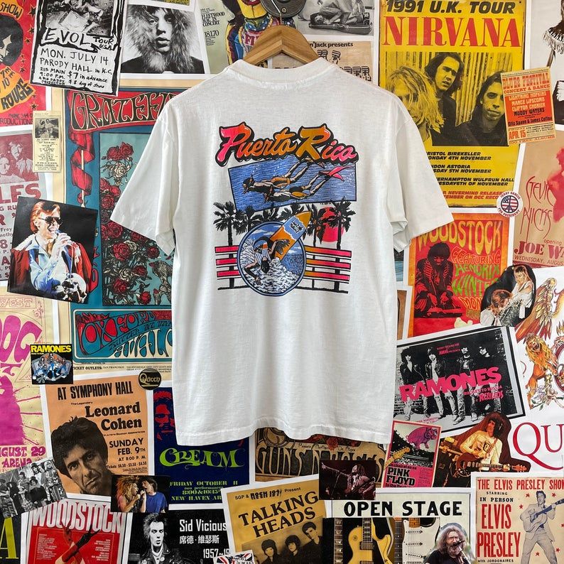 Vintage 1990s Puerto Rico Longboarding Surfing Neon Graphic Souvenir Shirt