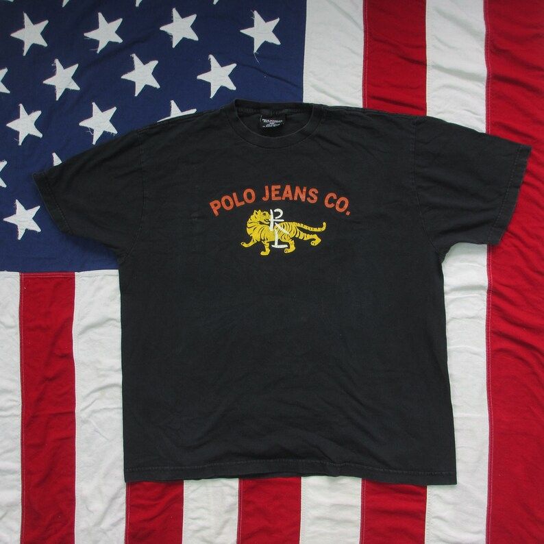 Vintage 1990S Ralph Lauren Polo Jeans Tiger Graphic T Shirt Black Faded Worn Made In Usa